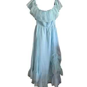 80s Vintage Baby Blue Ruffle Off Shoulder Chiffon Prom Dress with Gather Small